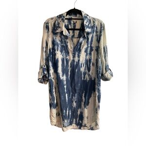 JOH Blue Tie Dye Dress Medium Boho Coastal Chic Pocket Midi Comfy Oversized